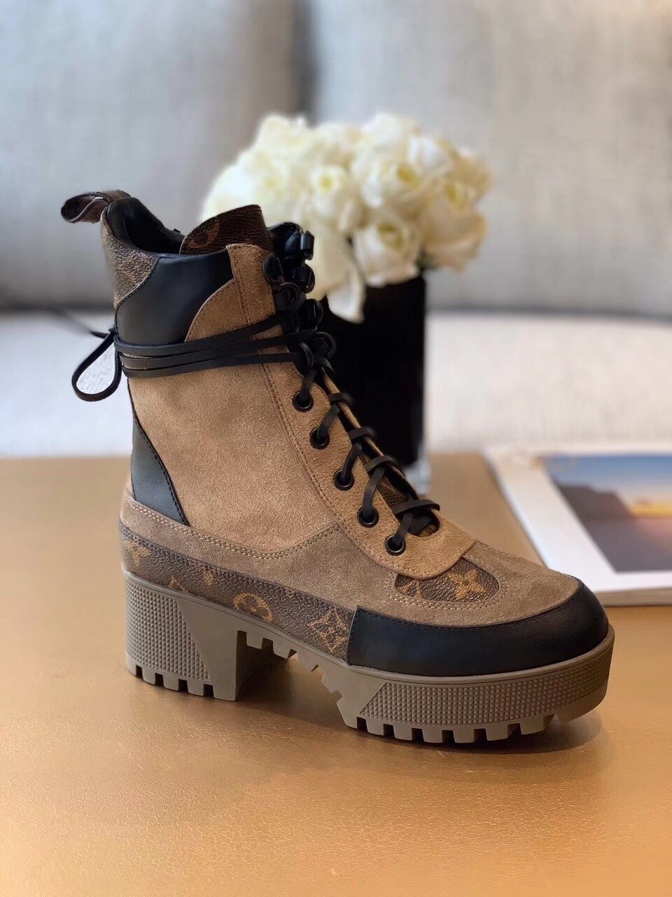 Louis Vuitton Laureate Desert Boot Patent Monogram Material Brown For Women LV 1A4XYE - Soul Replicas