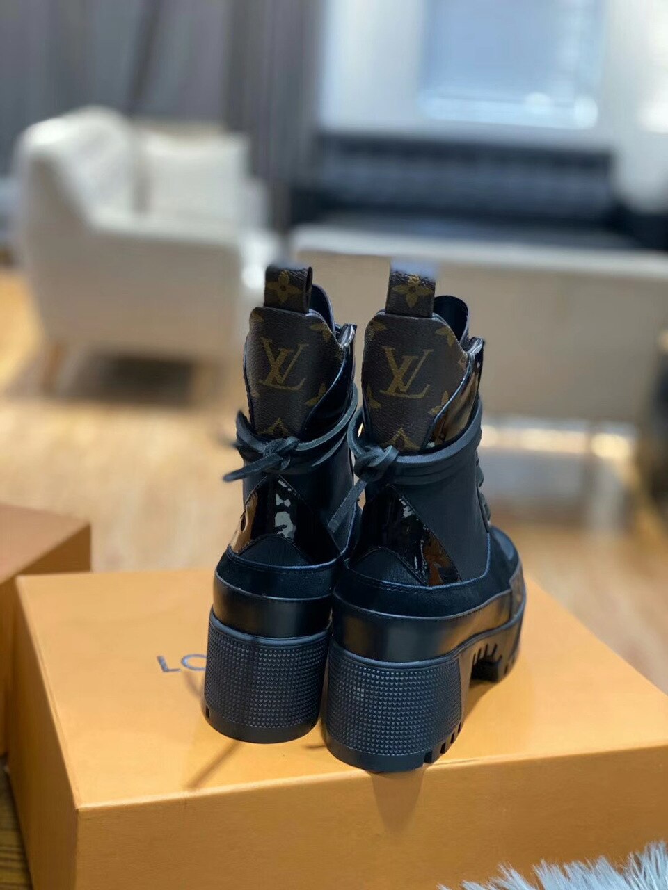 Louis Vuitton Laureate Desert Boot Patent Monogram Material Black For Women LV 1A4XY1 - Soul Replicas