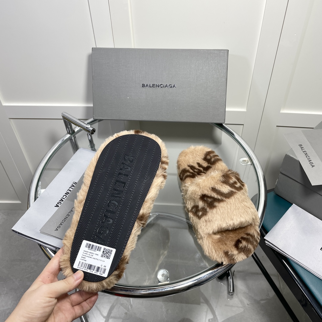 Balenciaga Furry Slide Sandal Allover Logo Beige For Women - Soul Replicas