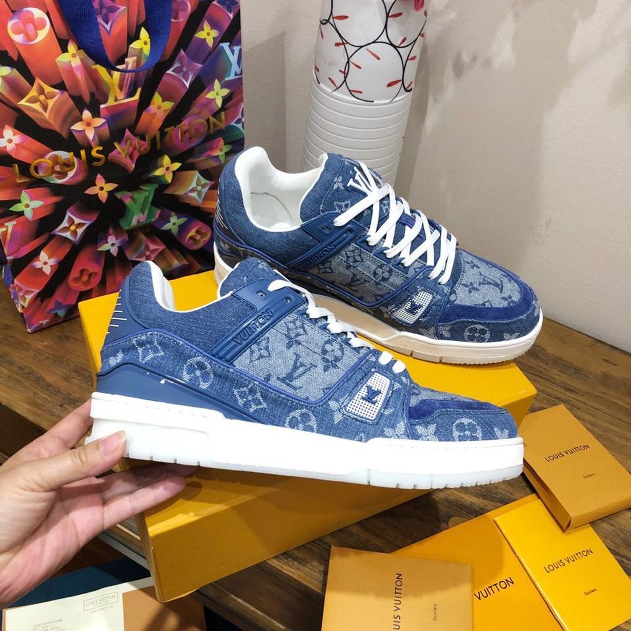 Louis Vuitton Trainer Sneaker Mix Of Materials Blue Virgil Abloh For Women LV - Soul Replicas