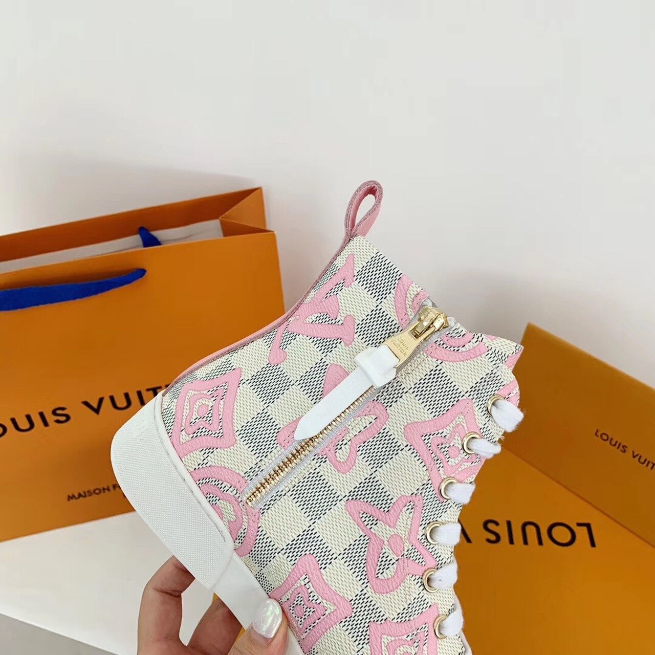 Louis Vuitton Stellar Sneaker Boots Damier Canvas Fall/Winter Collection Pink - Soul Replicas