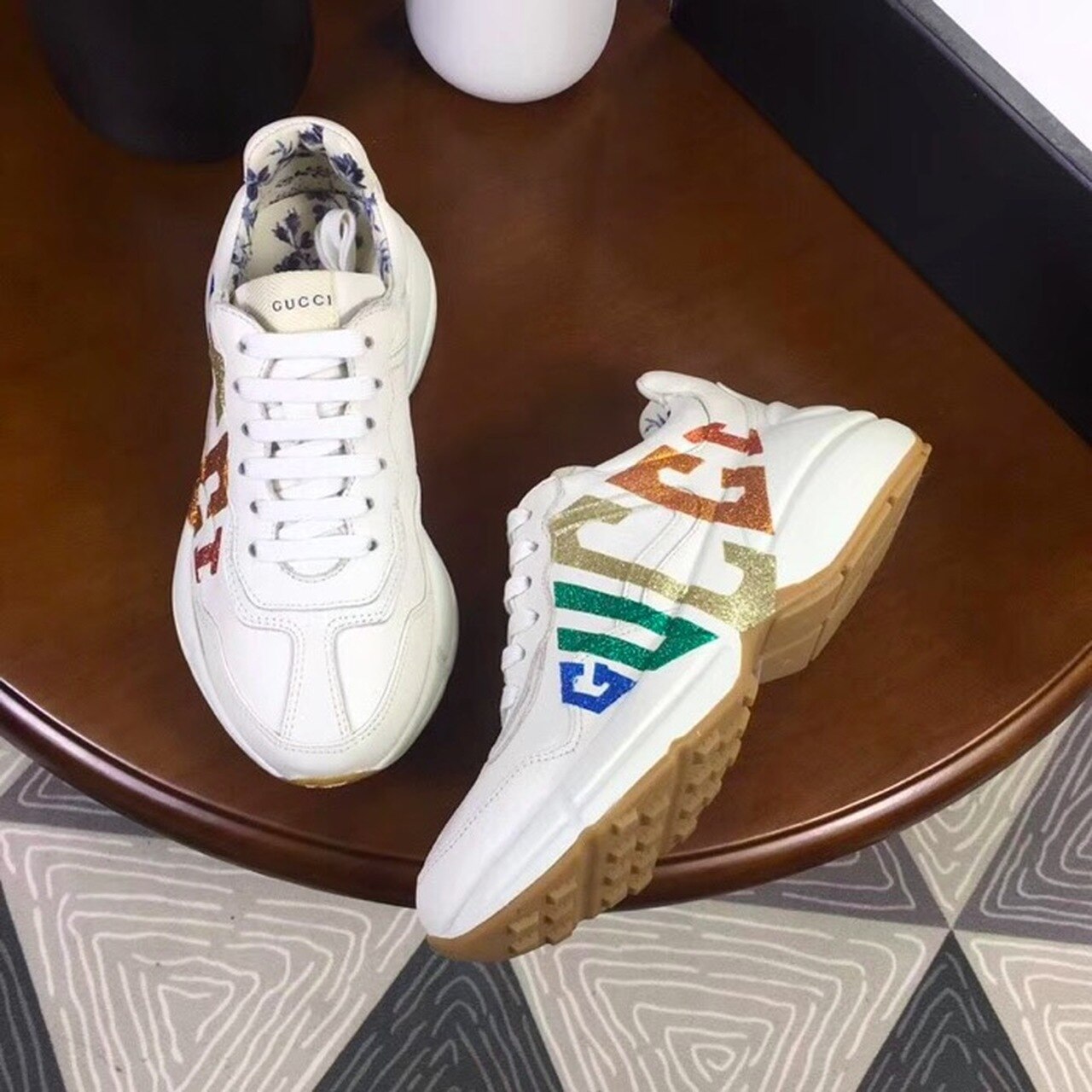 Rhyton Glitter Logo Dad Sneakers Calfskin Leather Spring/Summer Collection Off White - Soul Replicas