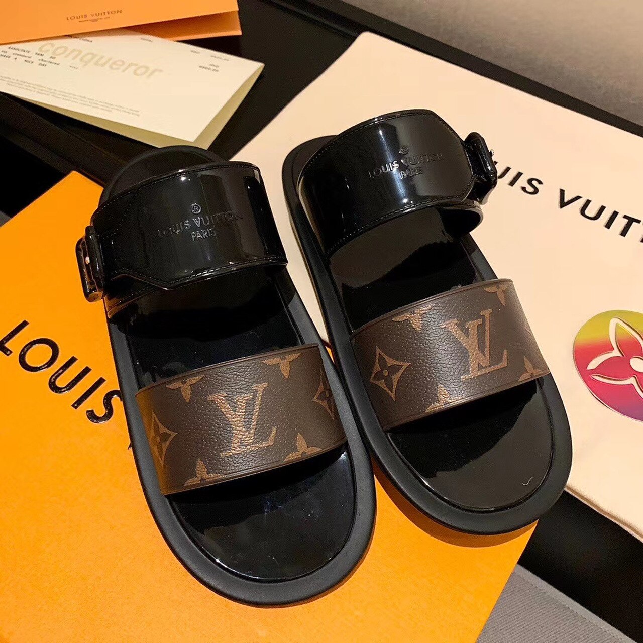 Louis Vuitton Sunbath Flat Mule Shiny Rubber Black For Women LV - Soul Replicas