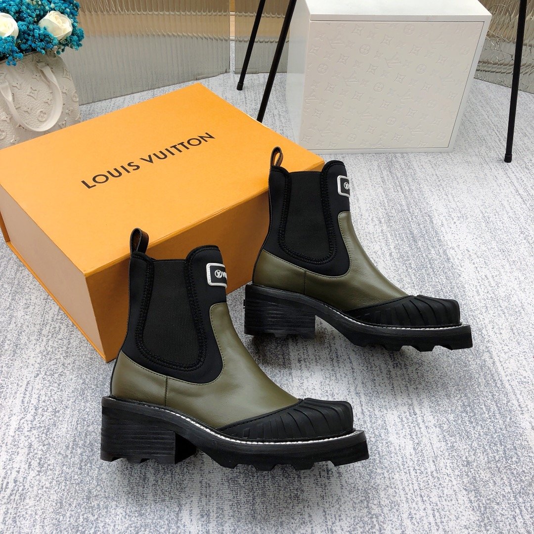 Louis Vuitton LV Beaubourg Ankle Boot Neoprene Khaki Green For Women LV 1A9GYT - Soul Replicas