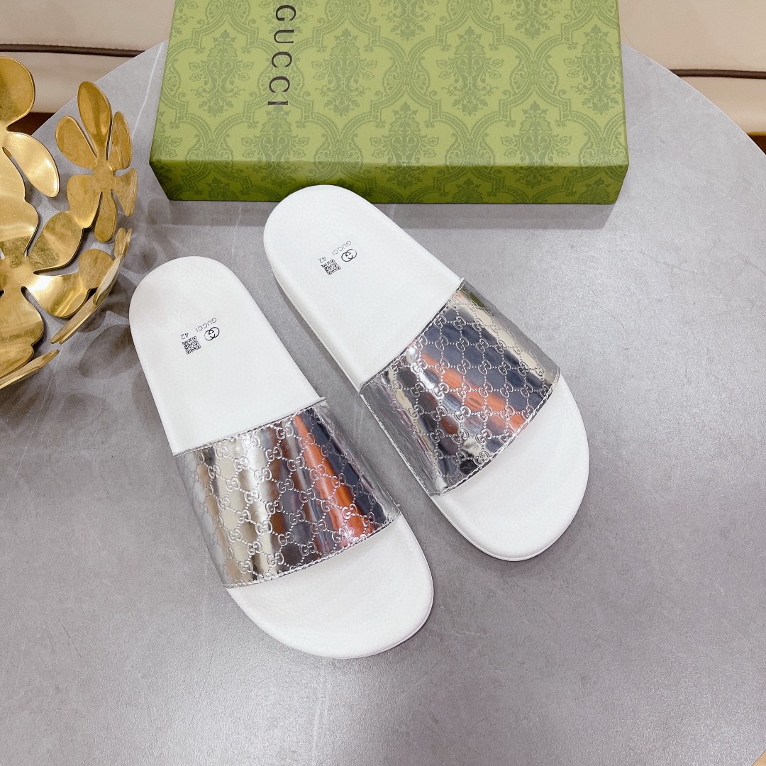 Gucci Women's Gucci Slide Sandal White Silver For Women 407345 - Soul Replicas