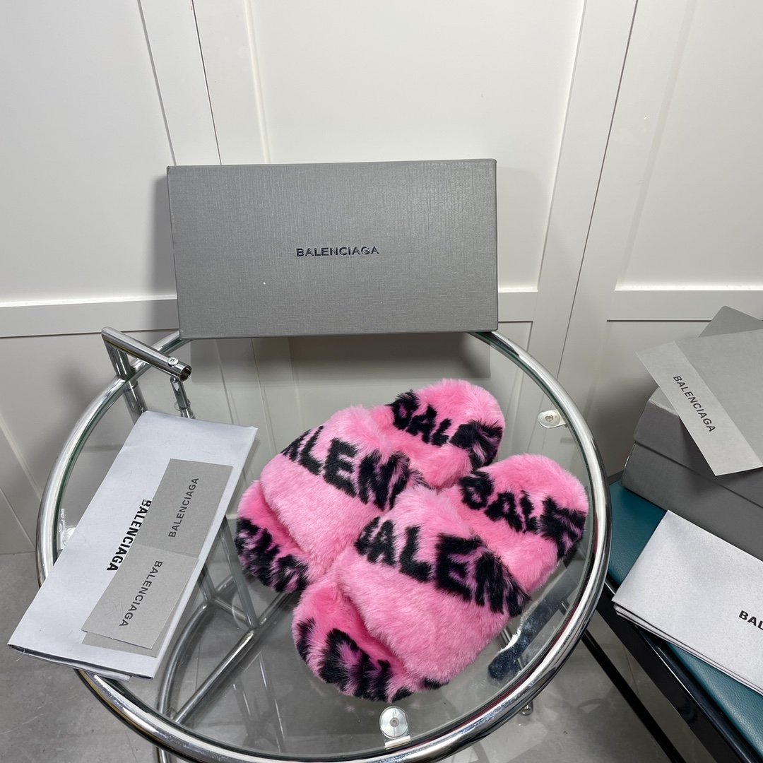 Balenciaga Furry Slide Sandal Allover Logo PiNike For Women - Soul Replicas