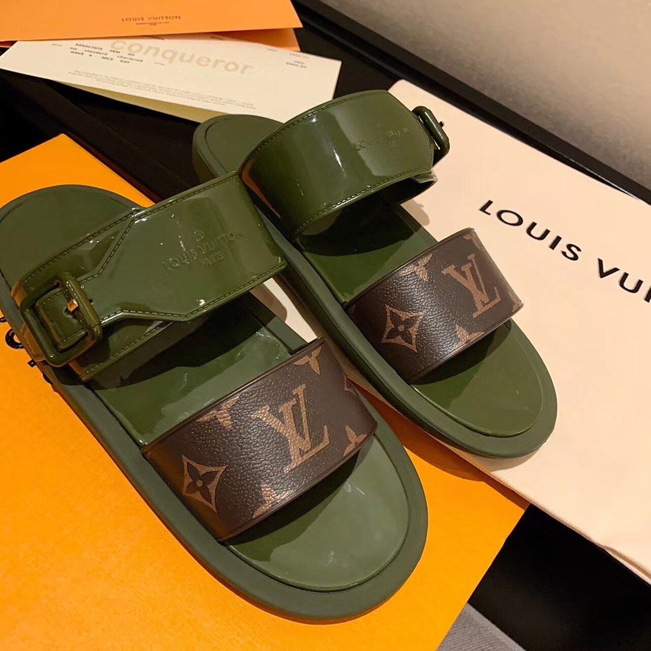 Louis Vuitton Sunbath Flat Mule Shiny Rubber Kaki For Women LV - Soul Replicas