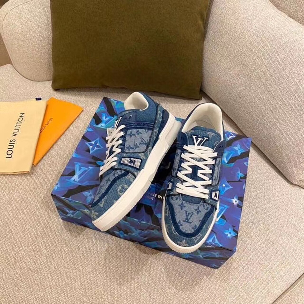 Louis Vuitton Trainer Sneaker Monogram Canvas Blue Virgil Abloh For Women LV - Soul Replicas