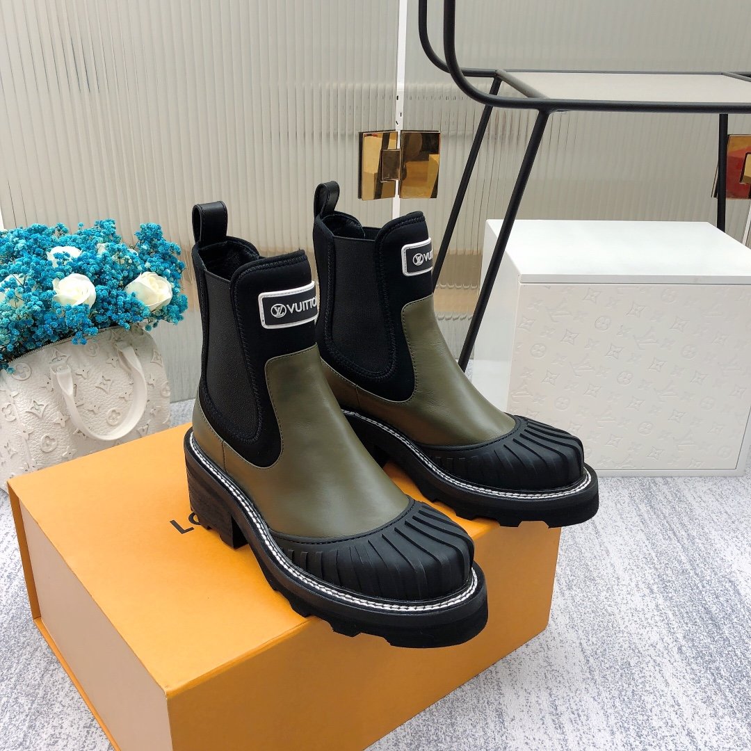 Louis Vuitton LV Beaubourg Ankle Boot Neoprene Khaki Green For Women LV 1A9GYT - Soul Replicas