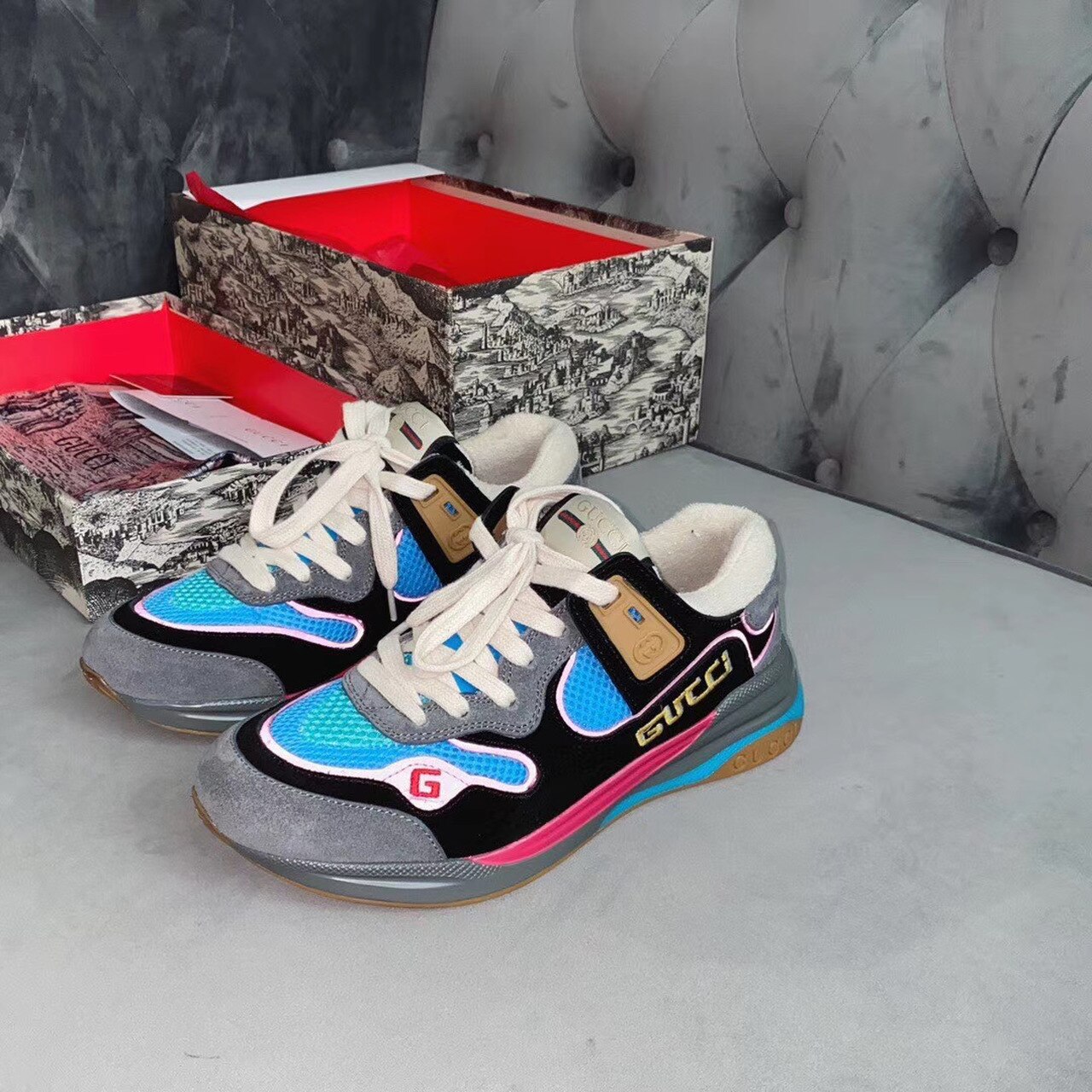 Gucci Ultrapace Sneakers ?592348 Calfskin Leather Spring/Summer 2020 Collection. Gray/Blue/Pink - Soul Replicas