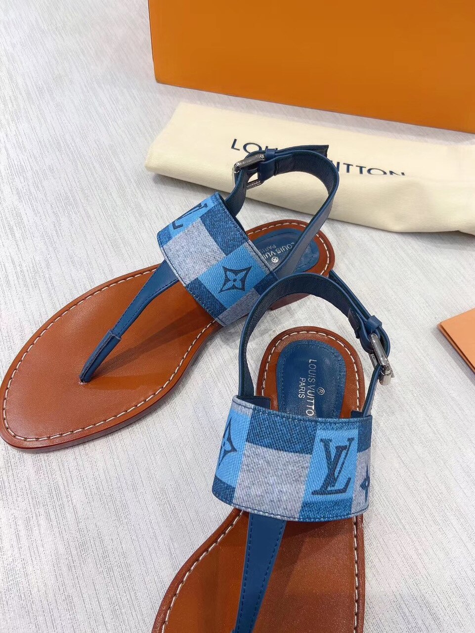 Louis Vuitton Starboard Flat Thong Sandal Monogram Denim Blue For Women LV - Soul Replicas