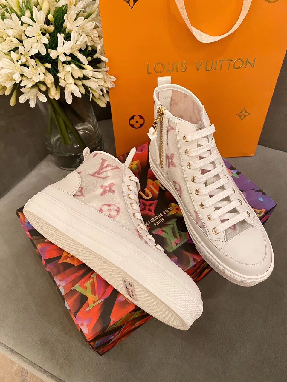 Louis Vuitton Stellar Sneaker Boot Monogram Denim Pink/White For Women LV - Soul Replicas