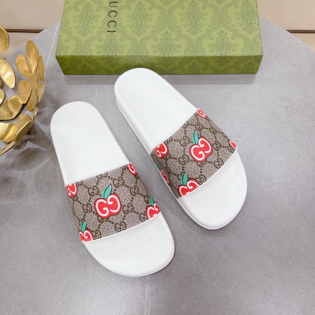 Gucci Women's Gucci Slide Sandal With Gucci Apple White And Brown For Women 407345 - Soul Replicas