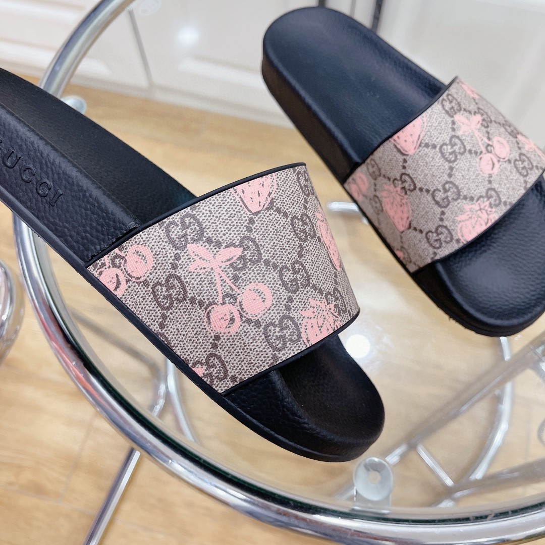 Gucci Women's Gucci Slide Sandal With Strawberry And Cherry Black For Women 407345 - Soul Replicas