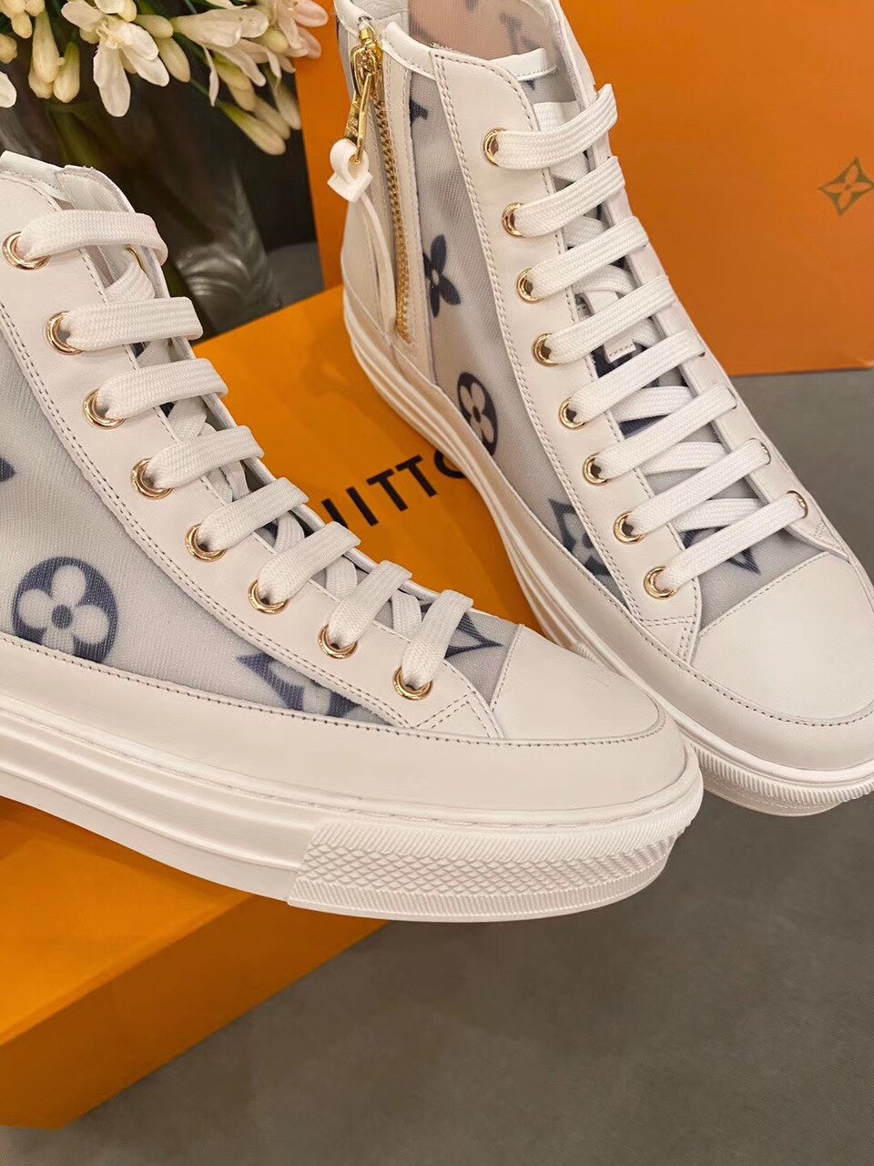 Louis Vuitton Stellar Sneaker Boot Patent Monogram Canvas Blue/White For Women LV - Soul Replicas