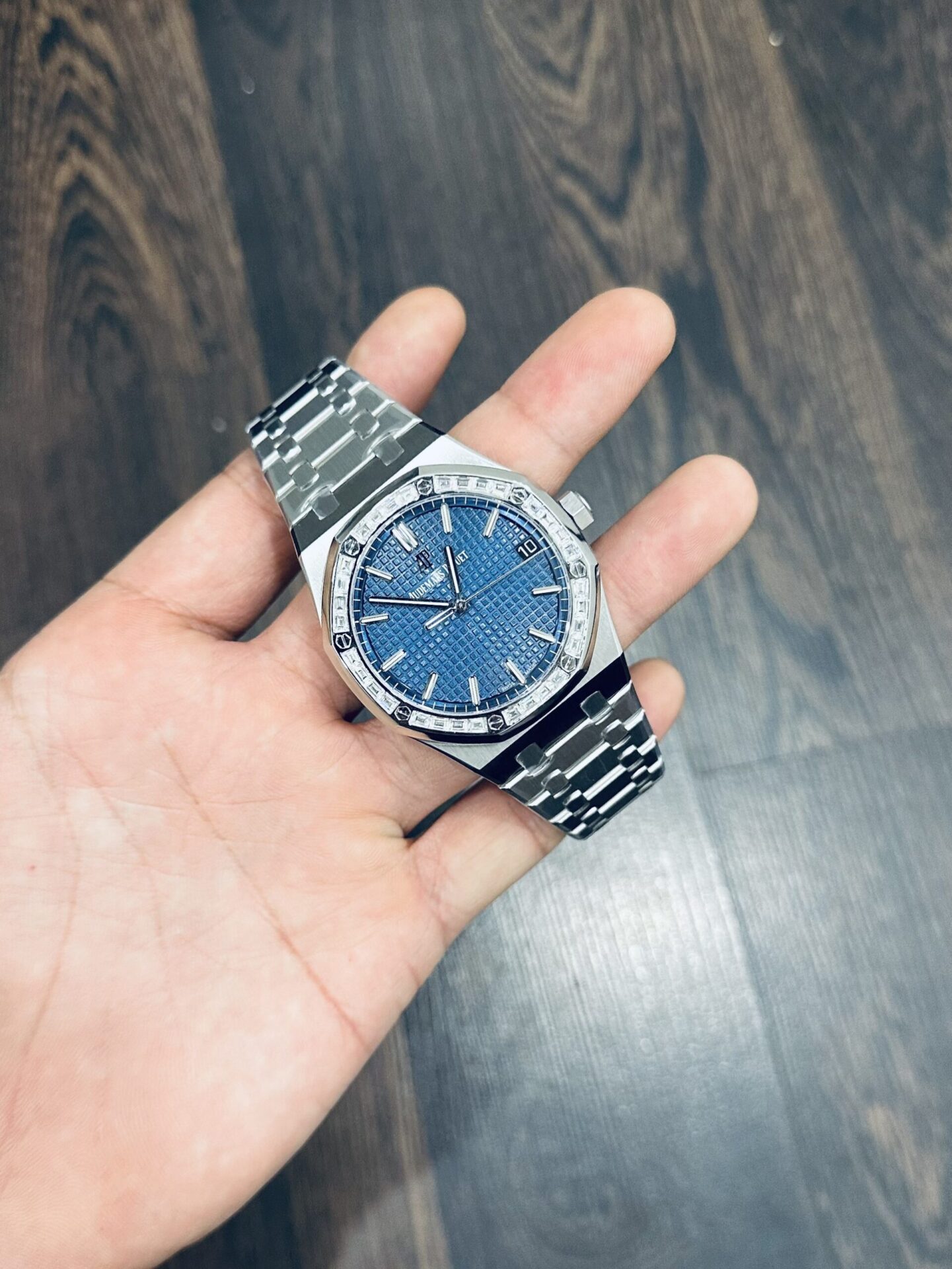 Audemars Piguet Replica Watch Royal Oak 15500 Dial Blue Custom Moissanite Diamonds 41mm - Soul Replicas