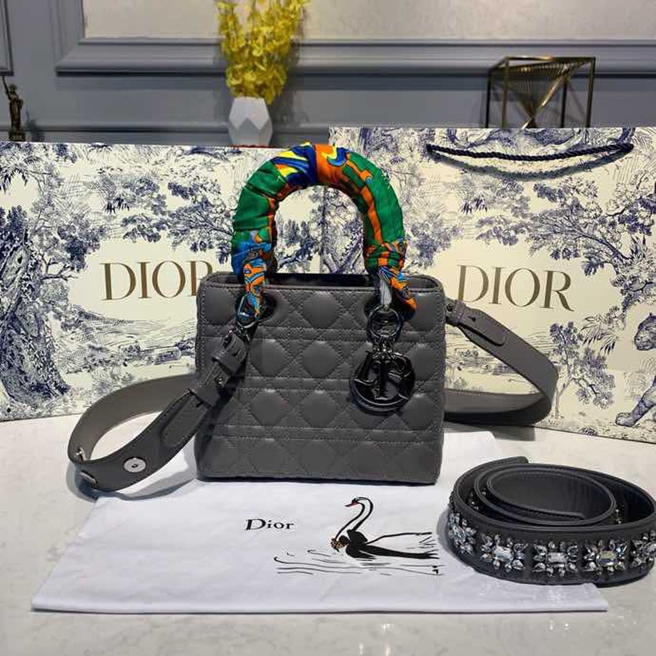 Christian Dior Small Lady Dior Bag Silver Hardware with Embellished Bag Strap Dark Grey For Women 8in/20cm CD - Soul Replicas