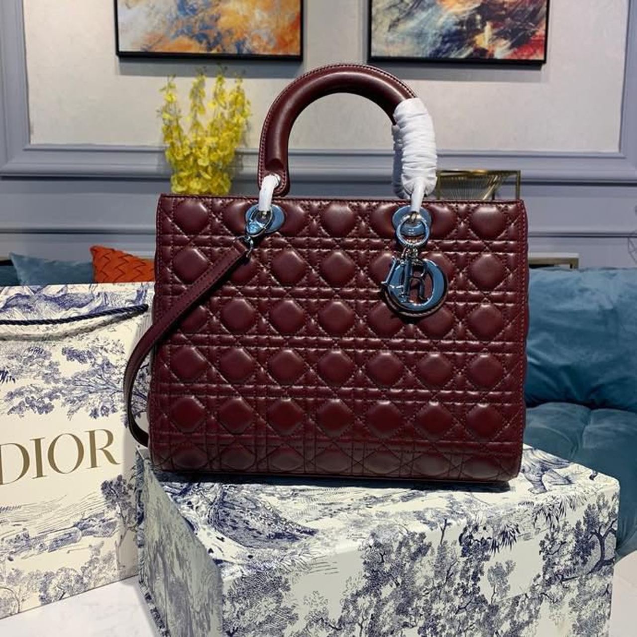 Christian Dior Large Lady Dior Bag Silver Hardware Burgundy Cannage For Women 12.5in/32cm CD - Soul Replicas