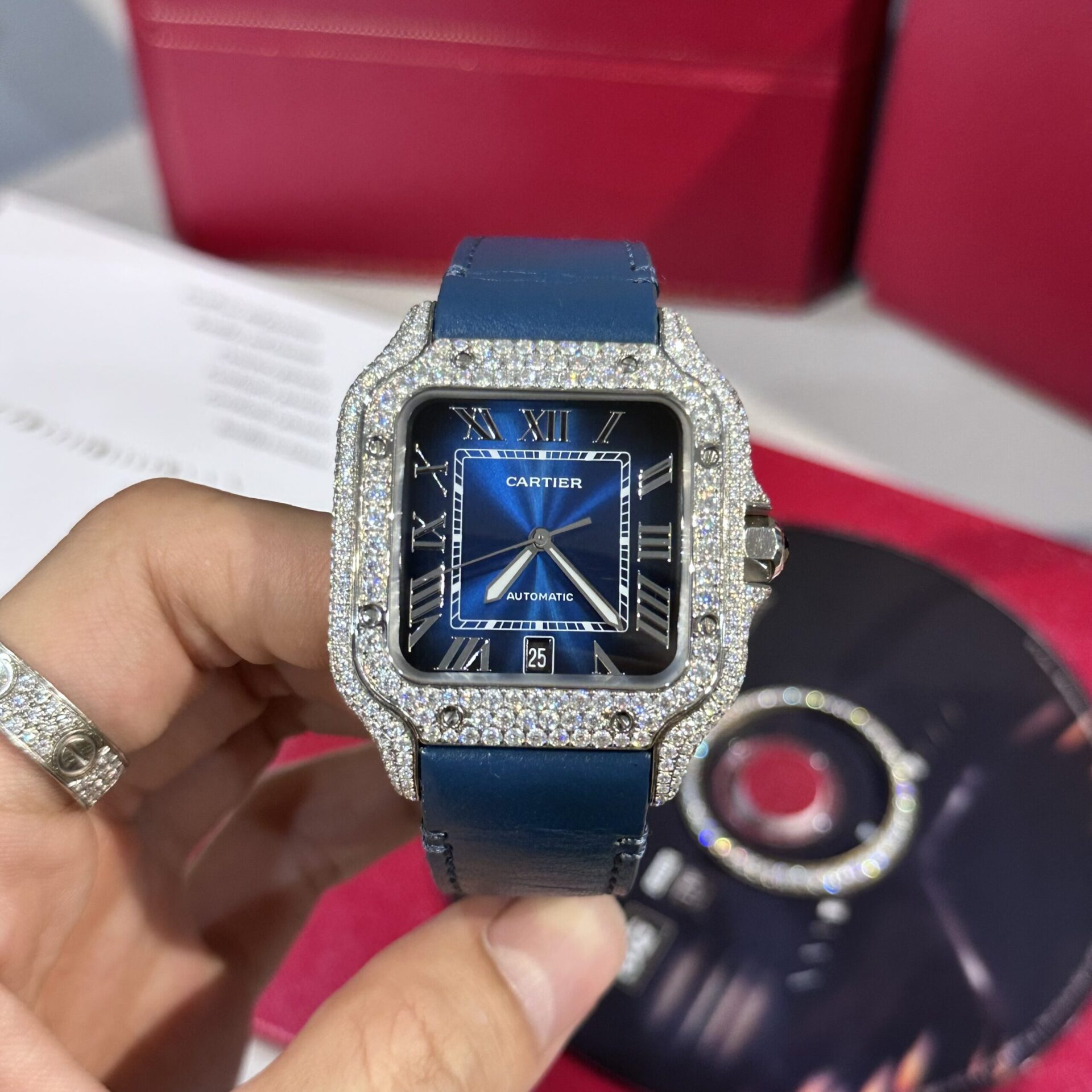Cartier Santos Replica Watch Blue Dial Custom Moissanite Diamonds 39.8mm - Soul Replicas
