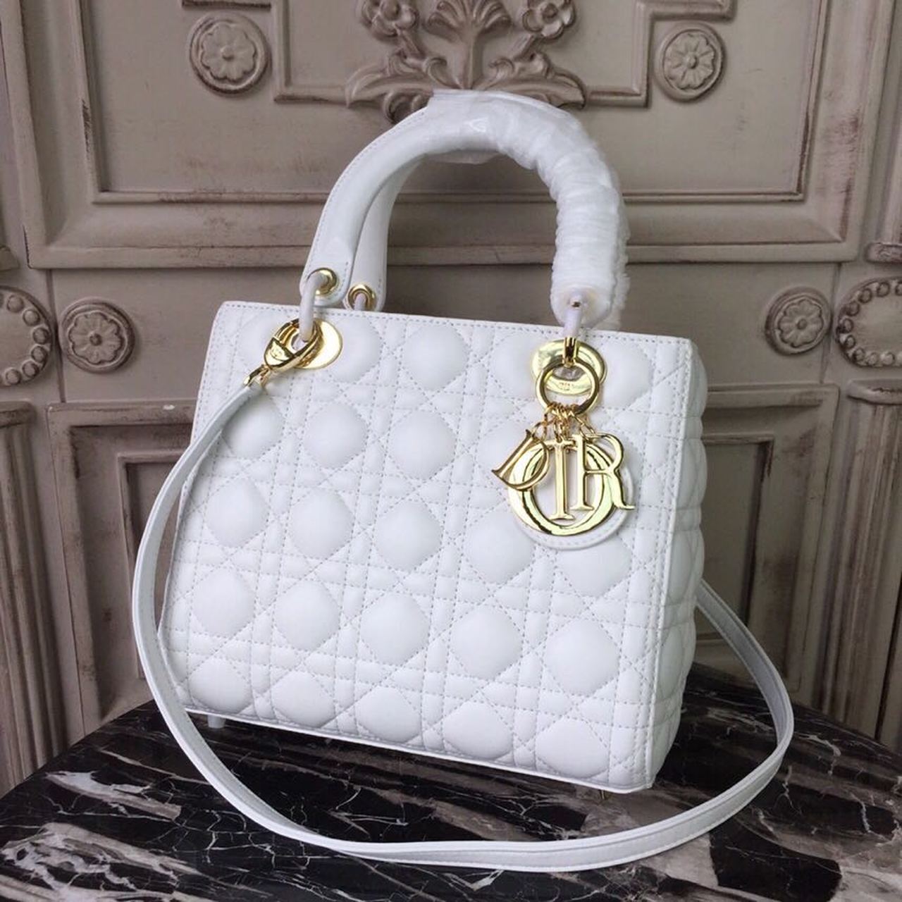 Christian Dior Medium Lady Dior Bag Gold Toned Hardware White For Women 24cm/9in CD - Soul Replicas