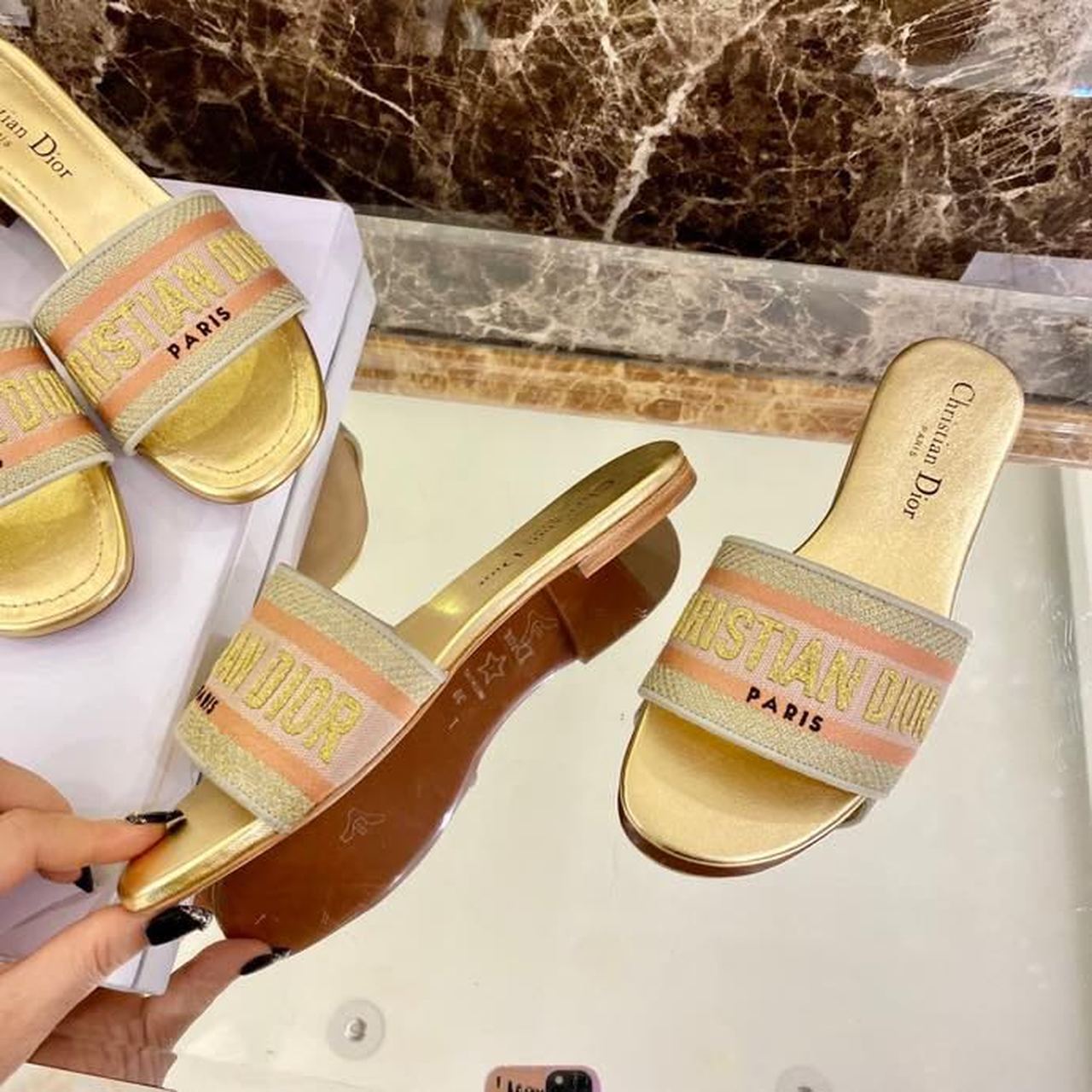 Christian Dior Dway Slide Embroidered Cotton Gold For Women CD - Soul Replicas