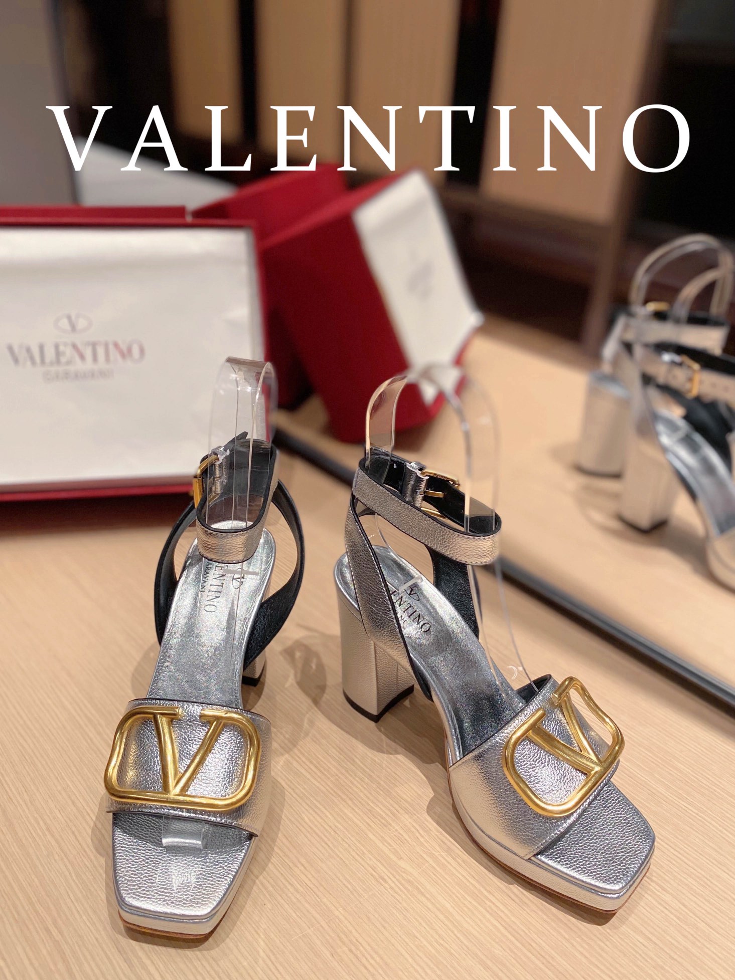 Valentino Garavani Strap Heeled Sandals With V Logo Signature Embellishment Silver For Women - Soul Replicas