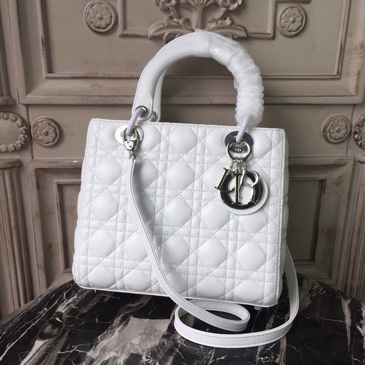 Christian Dior Medium Lady Dior Bag White Silver Hardware For Women 24cm/9in CD M0565BNGE_M030 - Soul Replicas