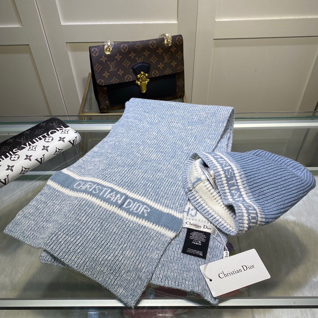 Dior Pompom Beanie & Scarf Set In Blue - Soul Replicas