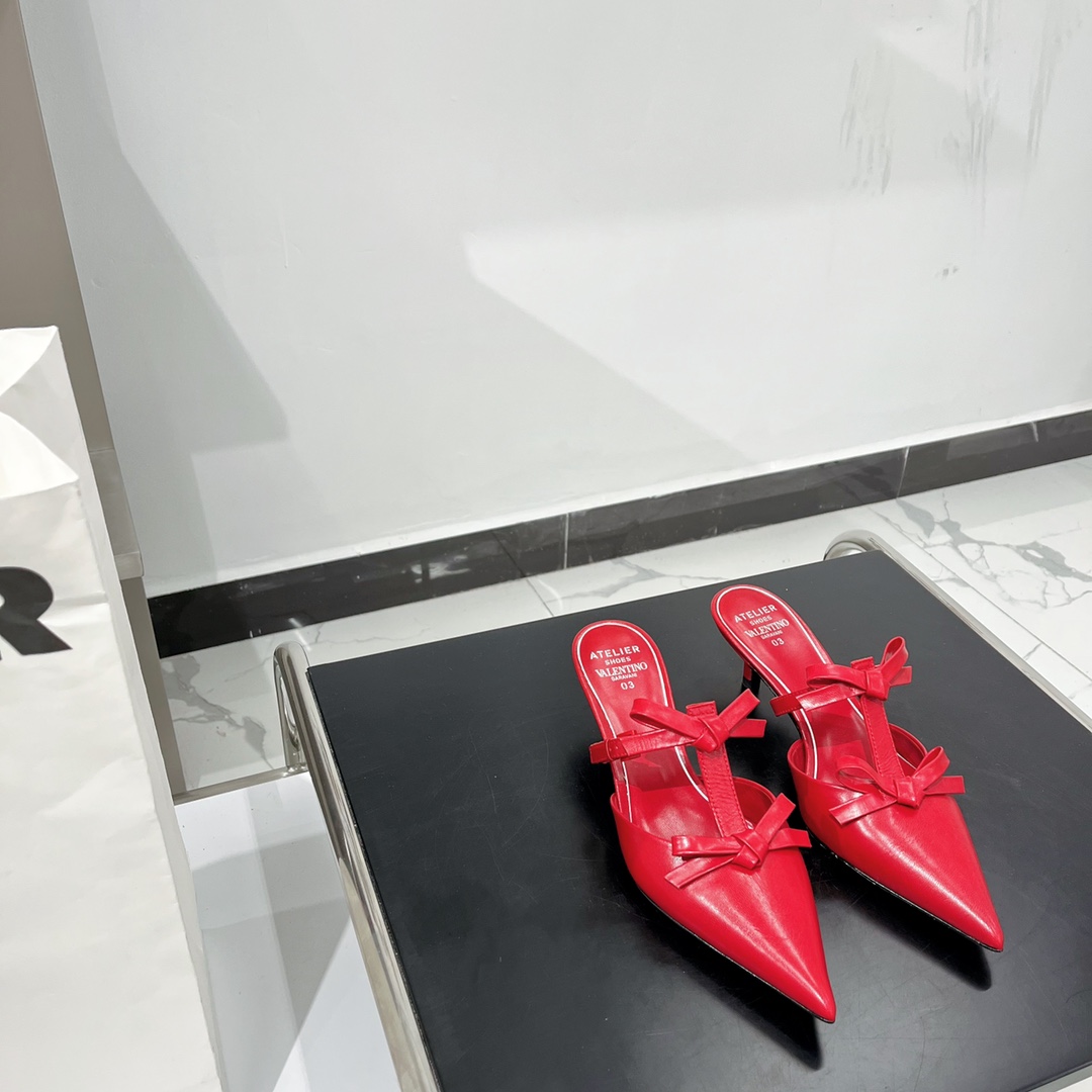 Valentino Garavani Ribbon Strap Stiletto Mule Slipper Red For Women T024HL146 - Soul Replicas