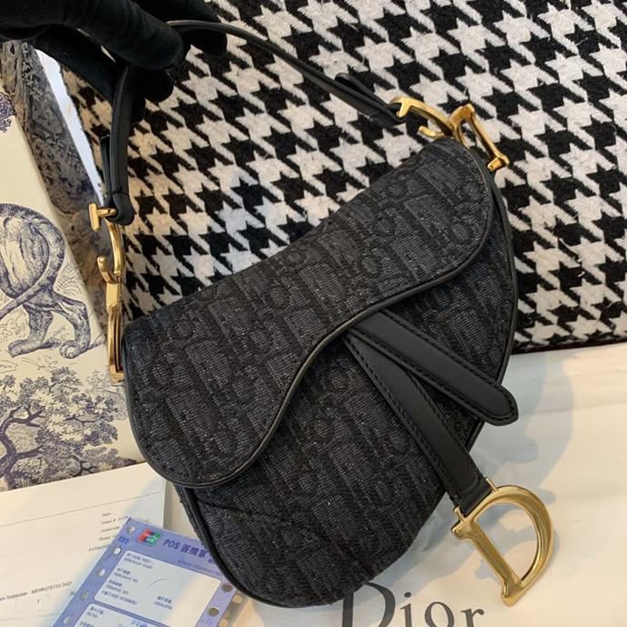Christian Dior Saddle Bag Black Oblique Embroidered Canvas Gold Toned Hardware For Women 19.5cm/7.6in CD - Soul Replicas