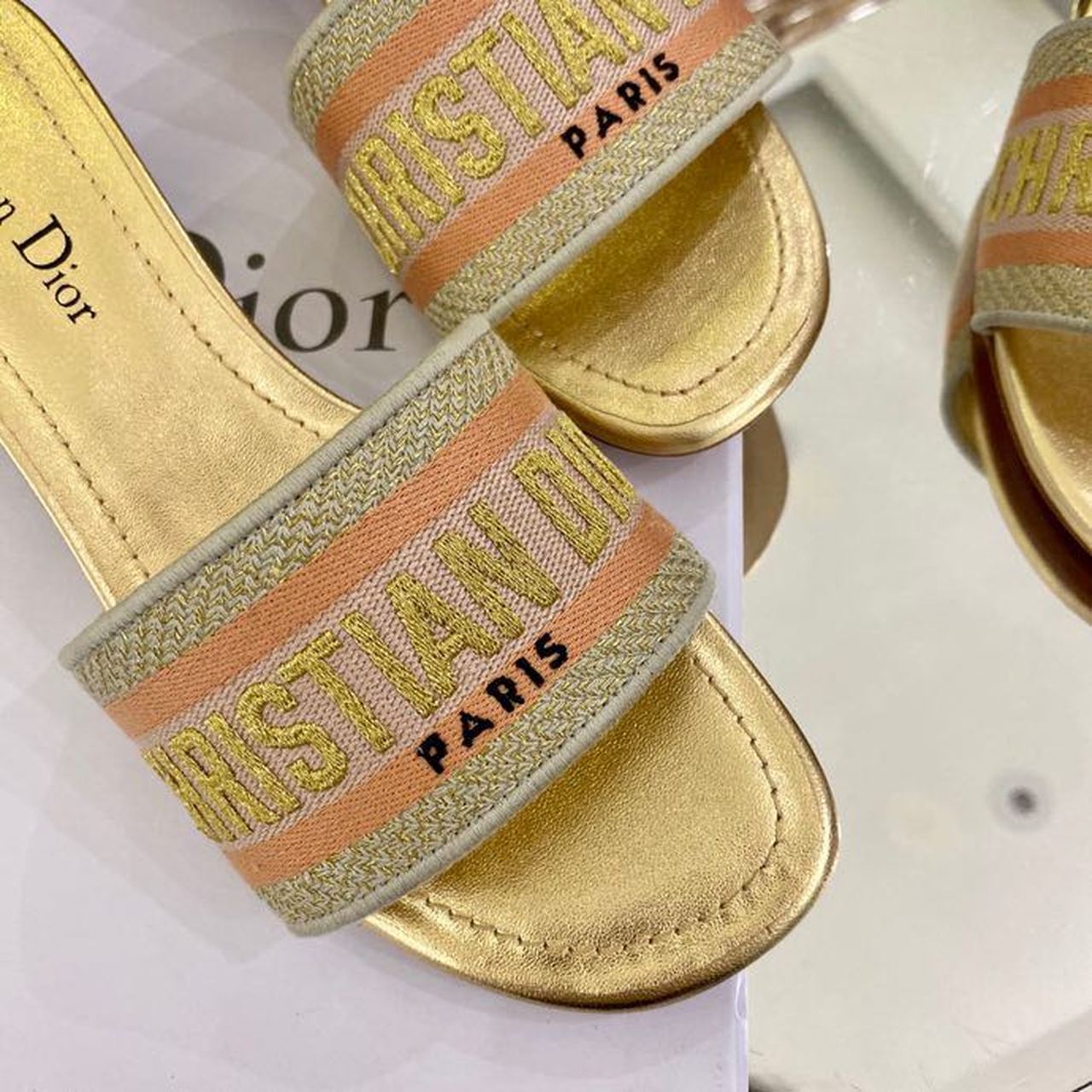Christian Dior Dway Heeled Slide Gold-Tone Cotton Embroidered With Metallic Thread And Strass Gold For Women CD - Soul Replicas