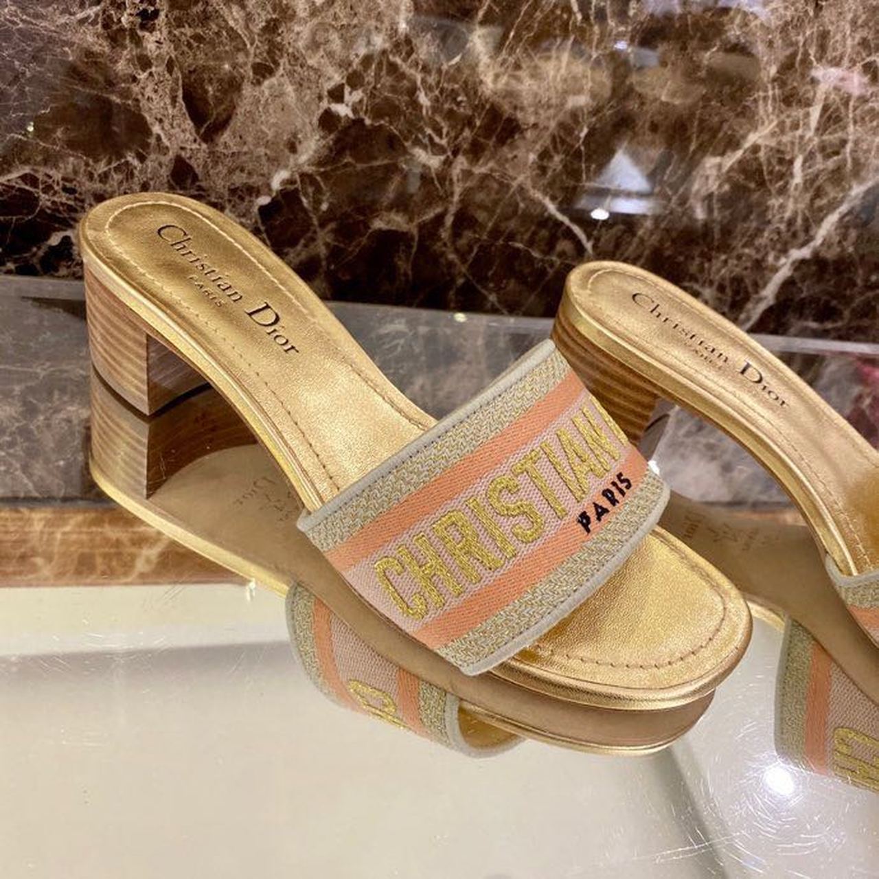 Christian Dior Dway Heeled Slide Gold-Tone Cotton Embroidered With Metallic Thread And Strass Gold For Women CD - Soul Replicas