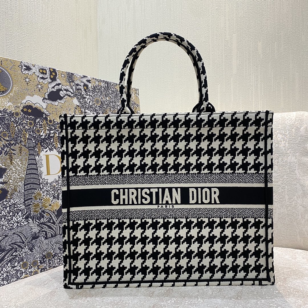 Christian Dior Large Dior Book Tote Black Houndstooth Embroidery. Black/White. For Women Women's Handbags. Shoulder Bags. 42cm CD - Soul Replicas