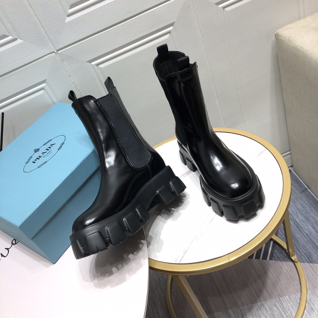 Prada Monolith Brushed Boots Shiny Black For Women 2.2in/55mm Prada - Soul Replicas