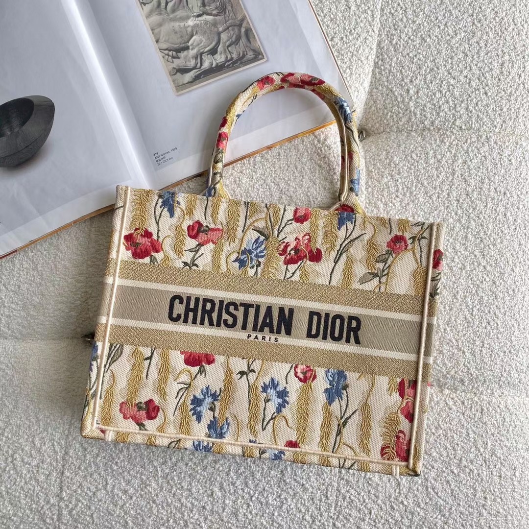Christian Dior Medium Dior Book Tote Multicolor in Hibiscus Metallic Thread Embroidery Bag For Women 14in/36cm CD - Soul Replicas