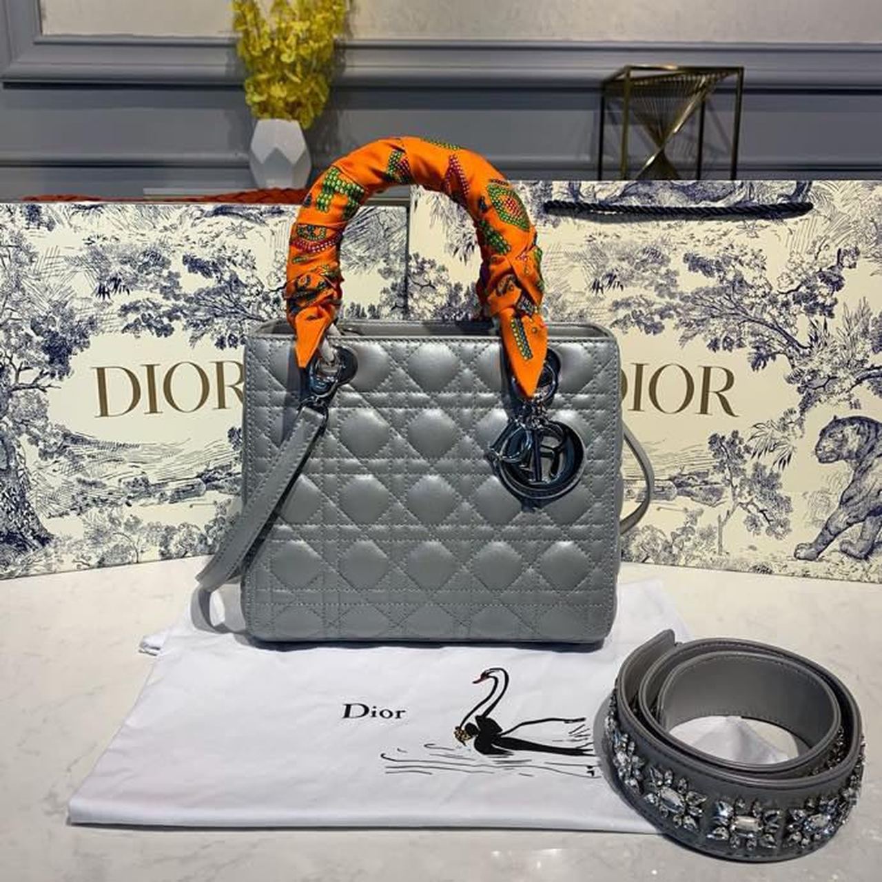 Christian Dior Medium Lady Dior Bag Silver Hardware with Embellished Bag Strap Pearl Grey For Women 9.5in/24cm CD - Soul Replicas
