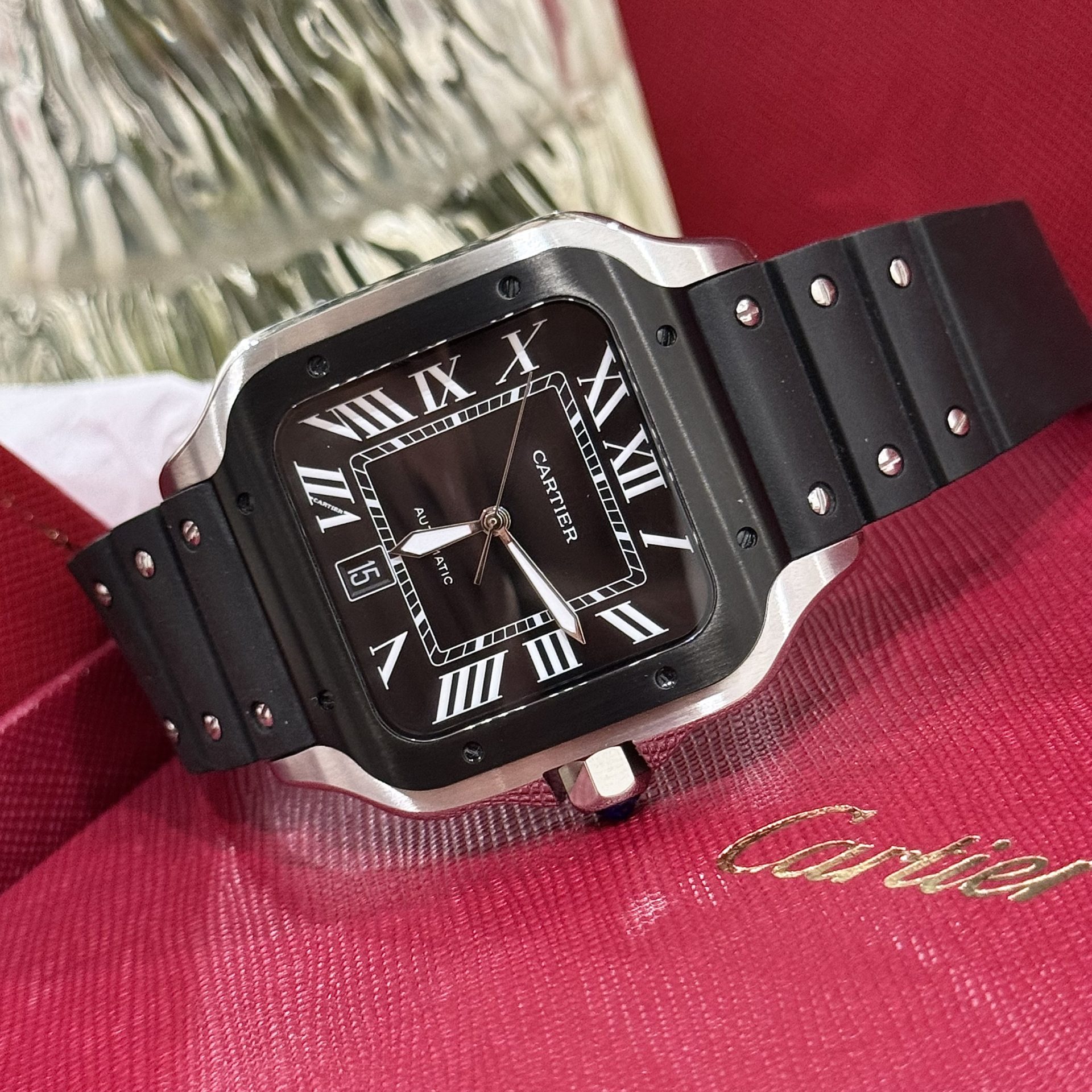 Cartier Replica Watches Santos Black Dial Roman Numeral Pile BV Factory 39.8mm - Soul Replicas