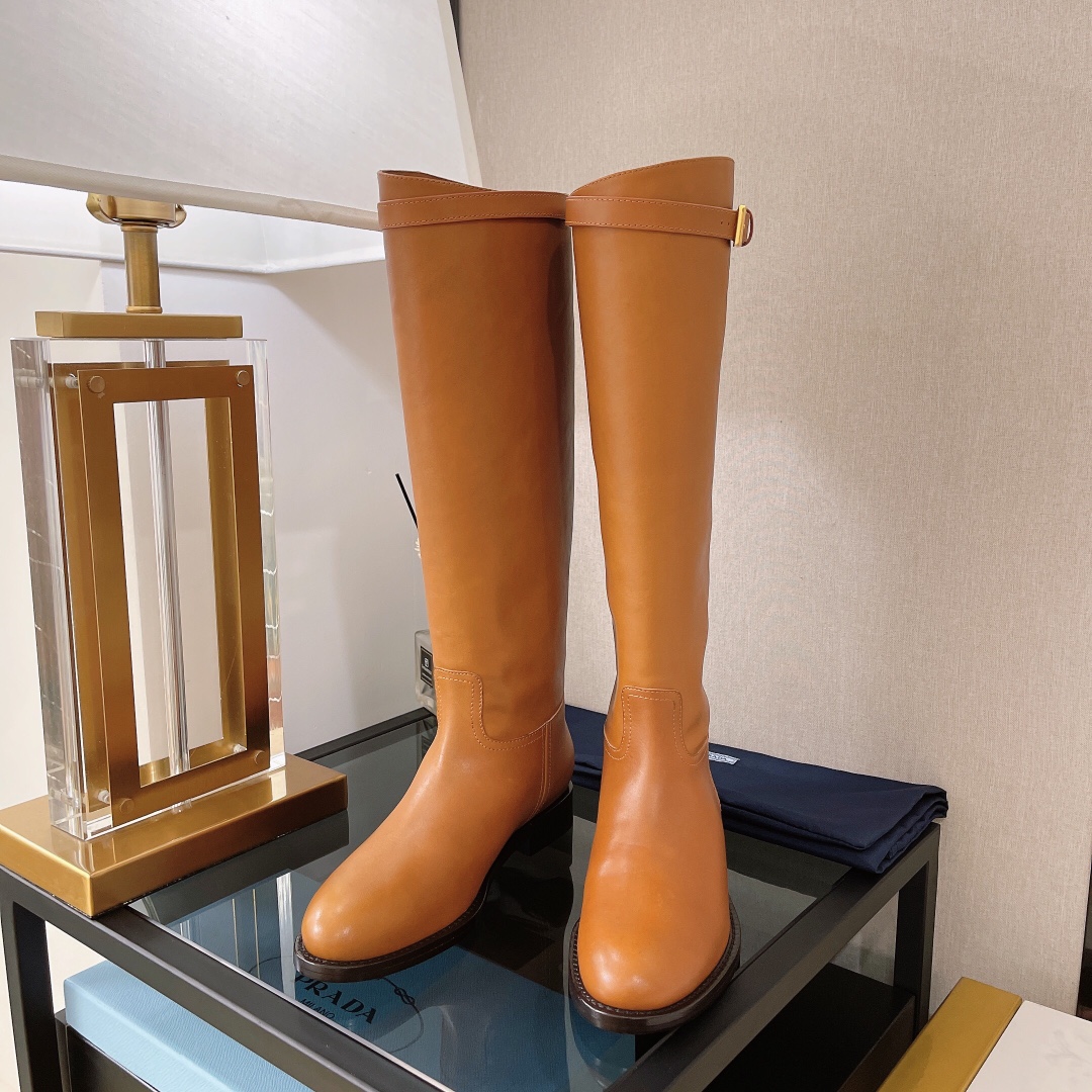 Prada 30 Logo-Embossed Knee Boots Brown For Women Prada 1W175M_34A_F0046_F_D030 - Soul Replicas