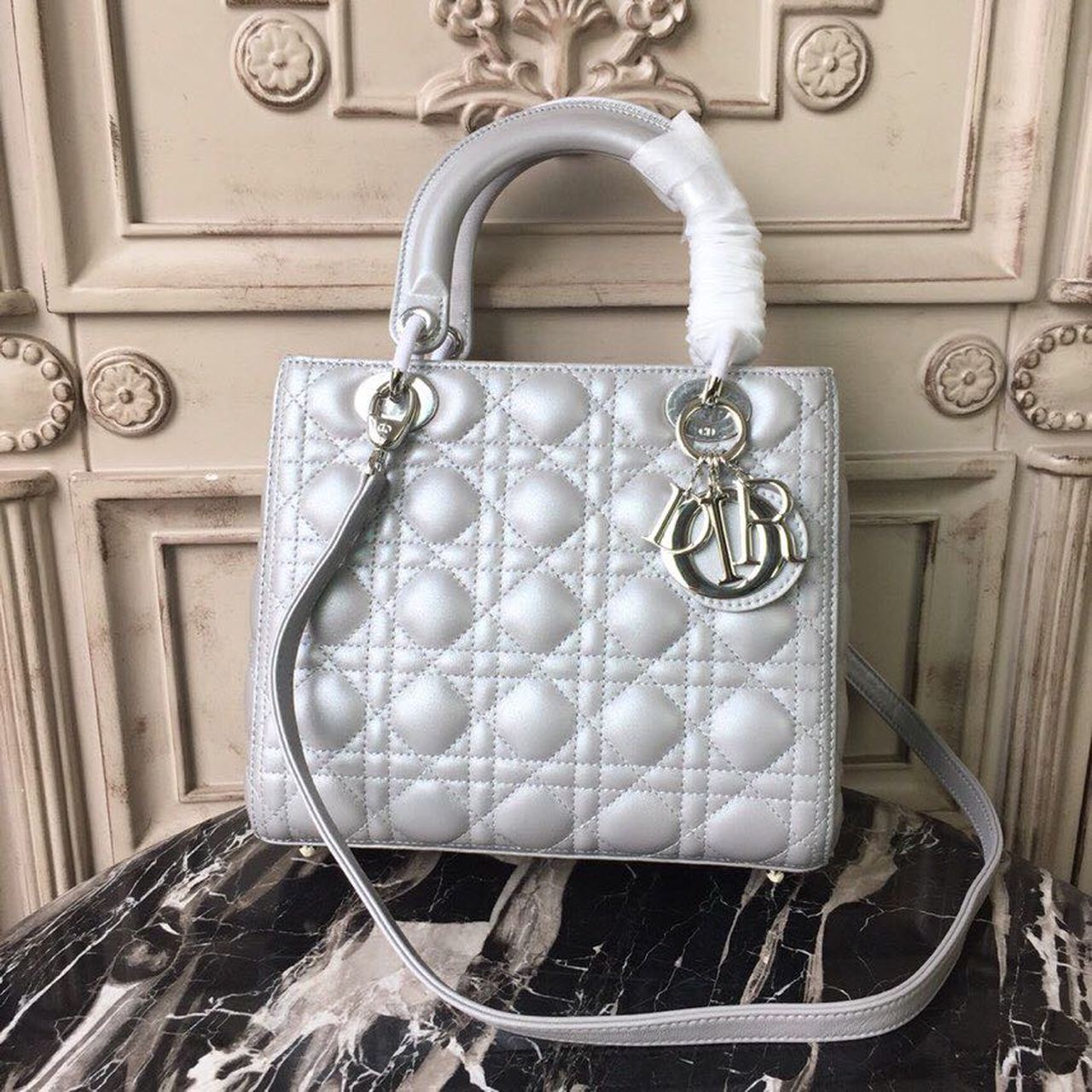 Christian Dior Medium Opaline Gray Pearlescent Cannage Lady Dior Bag Hardware Pearl Gold For Women 9.5in/24cm CD - Soul Replicas