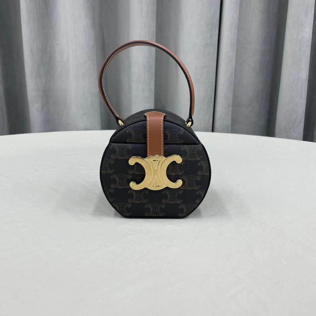 Celine Small Round Box Triomphe In Triomphe Canvas Tan For Women 4.5in/11.5cm - Soul Replicas