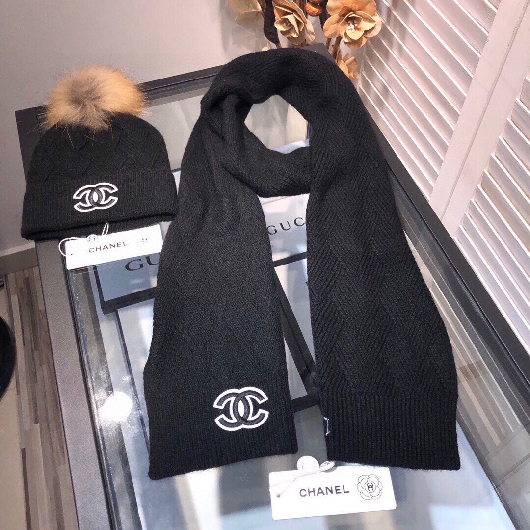 Chanel Beanie & Scarf Set In Black - Soul Replicas