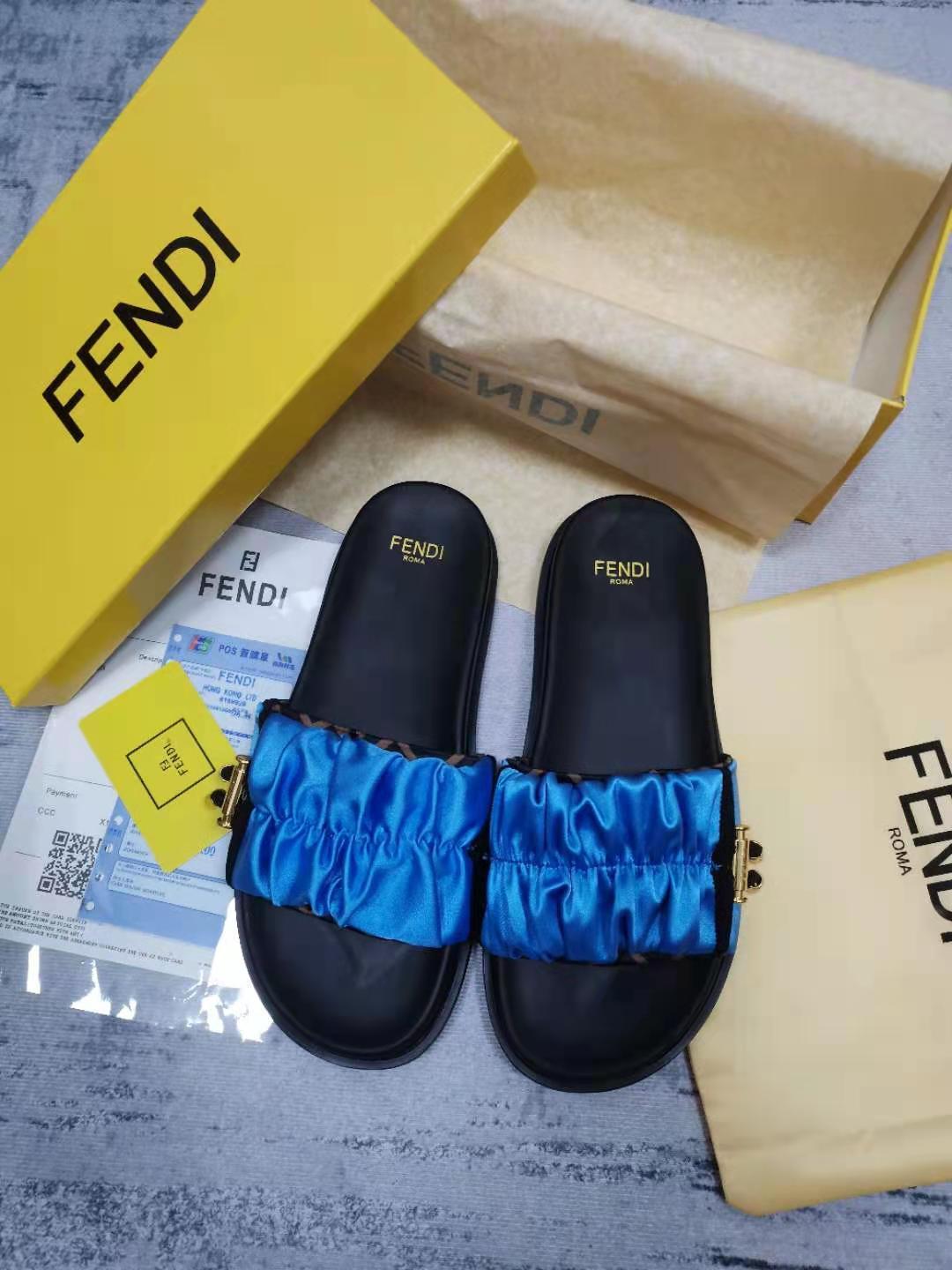 Fendi Feel Blue Satin Slides For Women - Soul Replicas