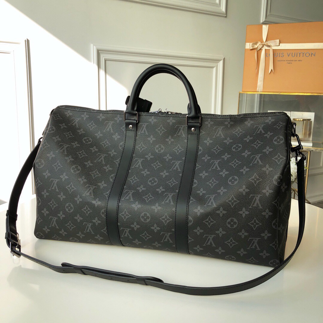Louis Vuitton Keepall Bandouliere 55 Monogram Eclipse Canvas For Men. Men-s Bags. Travel Bags 21.7in/55cm LV M40605 - Soul Replicas