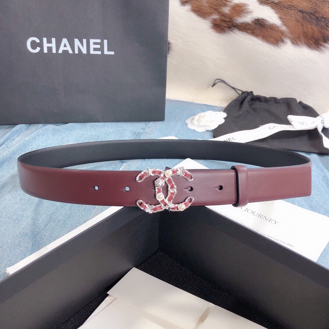 Chanel Belt With Double C Buckle Burgundy Silver Toned Hardware Women Belt - Soul Replicas