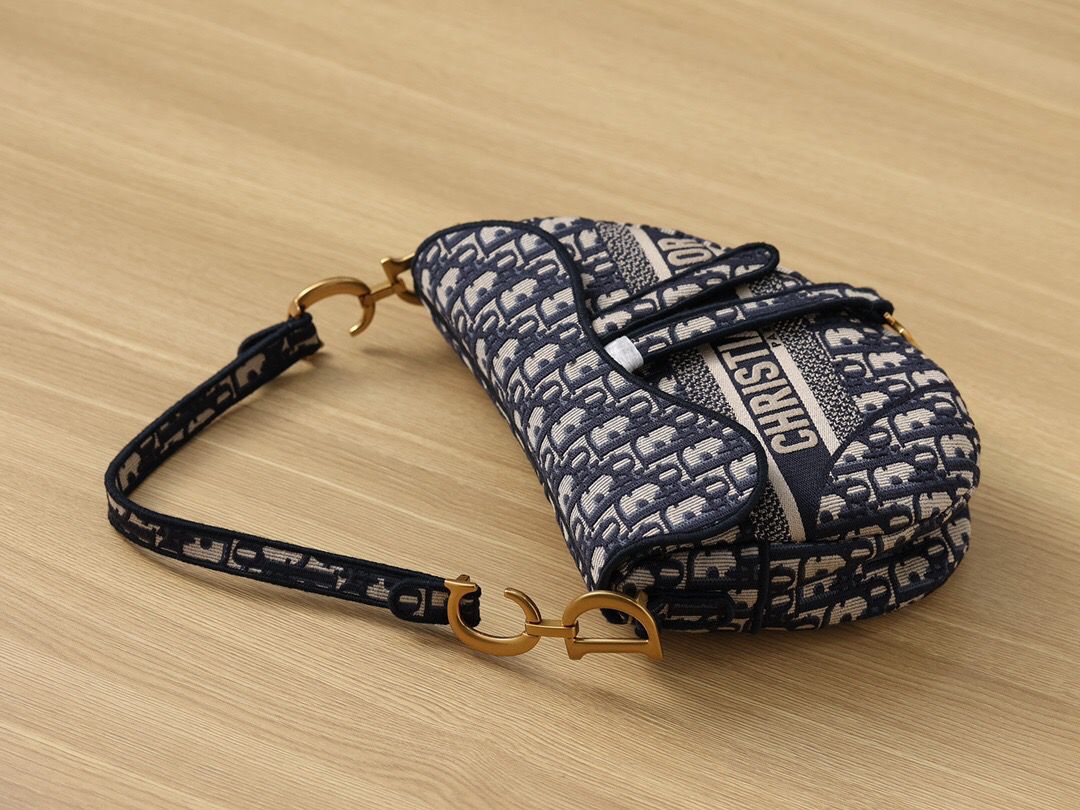Christian Dior Logo Saddle Bag Oblique Embroidered Canvas Blue/Beige For Women 25cm/10in CD - Soul Replicas