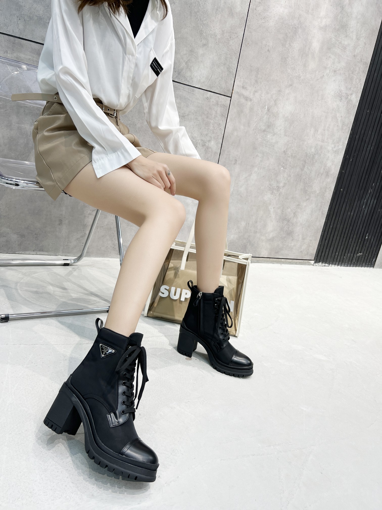 Prada Tronchetti Lace-Up Boot Black For Women Prada 187408001612380 - Soul Replicas