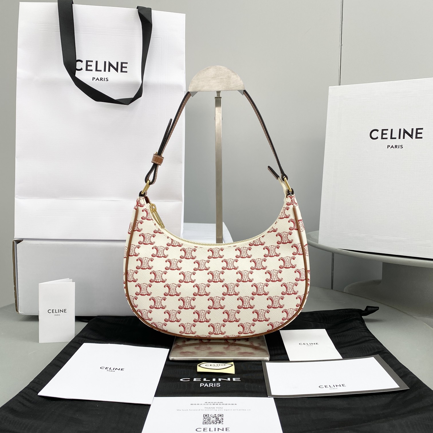 Celine Ava Bag In Triomphe Canvas White/Red For Women 9in/23.5cm  - Soul Replicas