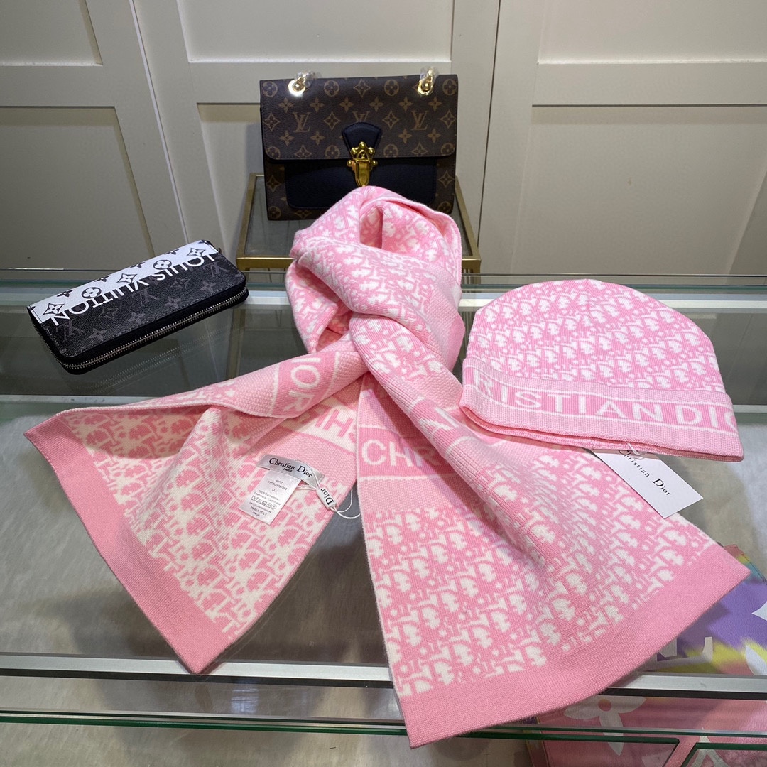 Dior Pompom Beanie & Scarf Set In Pink - Soul Replicas