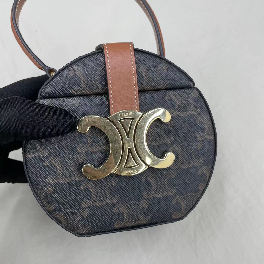 Celine Small Round Box Triomphe In Triomphe Canvas Tan For Women 4.5in/11.5cm - Soul Replicas
