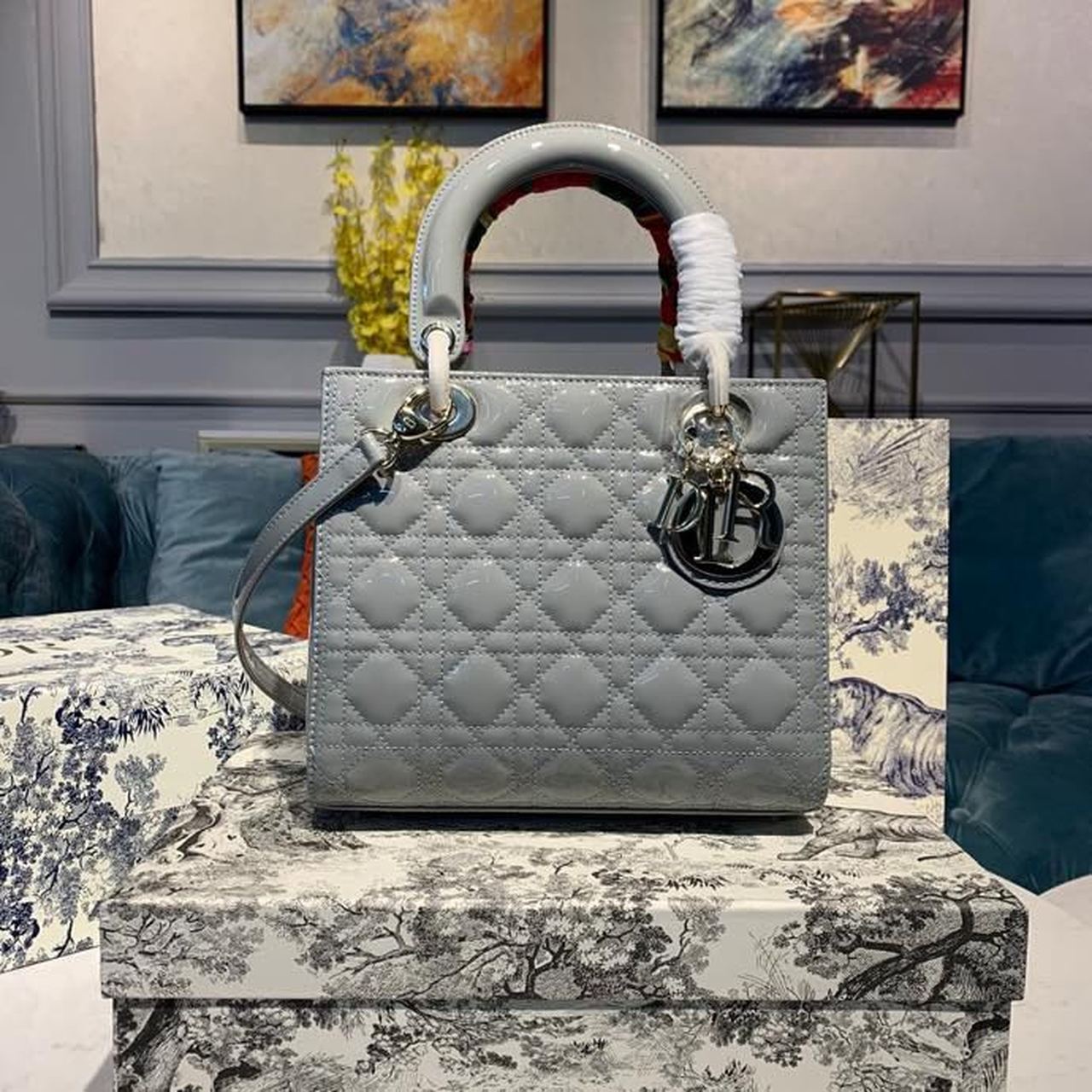 Christian Dior Medium Lady Dior Bag Gold Toned Hardware Patent Light Grey For Women 24cm/9in CD - Soul Replicas